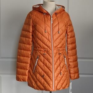 French Connection Jacket Hood Lightweight Chevron Quilted Packable Orange S NWT